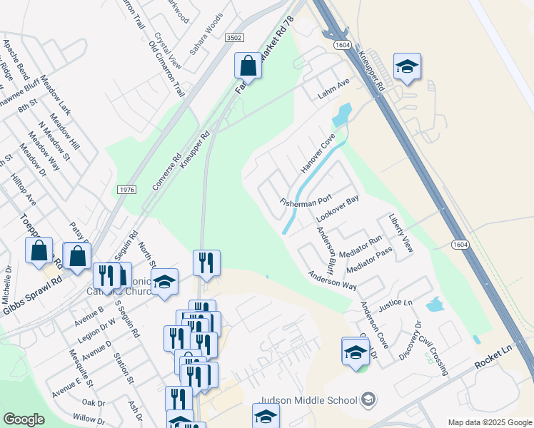 map of restaurants, bars, coffee shops, grocery stores, and more near 9423 Boatman Pier in Converse