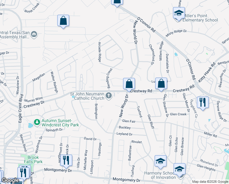 map of restaurants, bars, coffee shops, grocery stores, and more near 6766 Crestway Drive in San Antonio