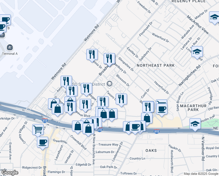 map of restaurants, bars, coffee shops, grocery stores, and more near 8961 Tesoro Drive in San Antonio