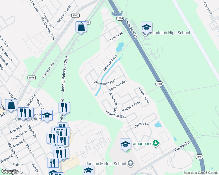 map of restaurants, bars, coffee shops, grocery stores, and more near 9306 Hanover Sky in Converse