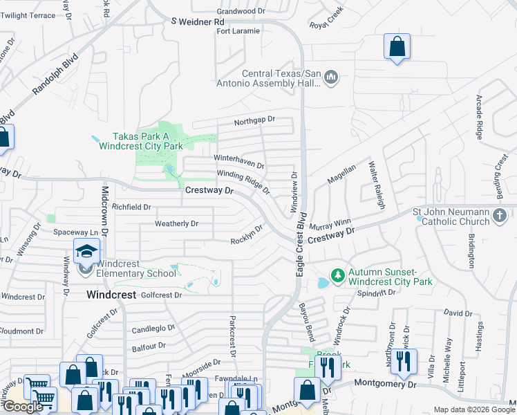 map of restaurants, bars, coffee shops, grocery stores, and more near 671 Crestway Drive in San Antonio