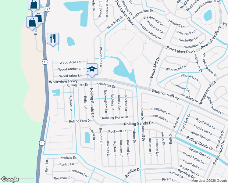 map of restaurants, bars, coffee shops, grocery stores, and more near 3 Rocking Lane in Palm Coast