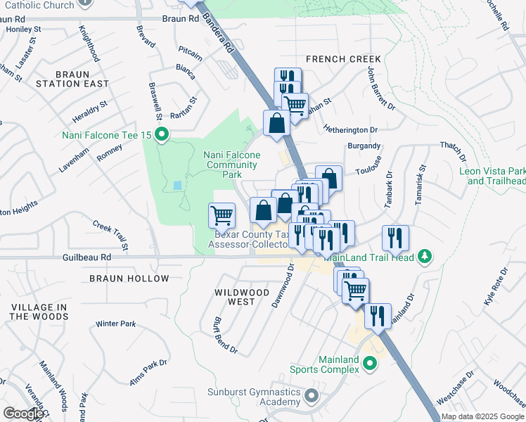 map of restaurants, bars, coffee shops, grocery stores, and more near 3 Moonwalk Crest in San Antonio