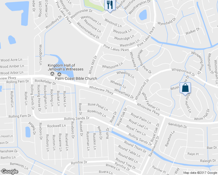 map of restaurants, bars, coffee shops, grocery stores, and more near 32 Wheatfield Drive in Palm Coast