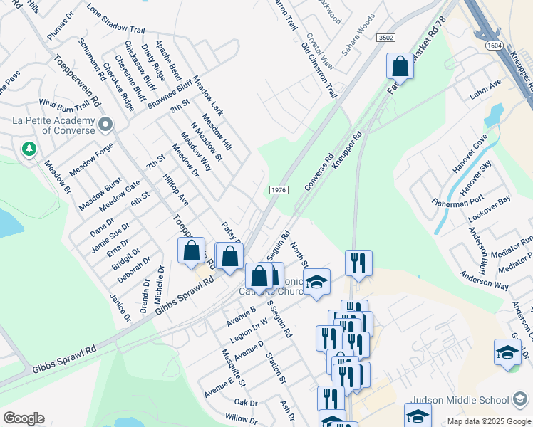 map of restaurants, bars, coffee shops, grocery stores, and more near 7148 Farm to Market Road 1976 in Converse