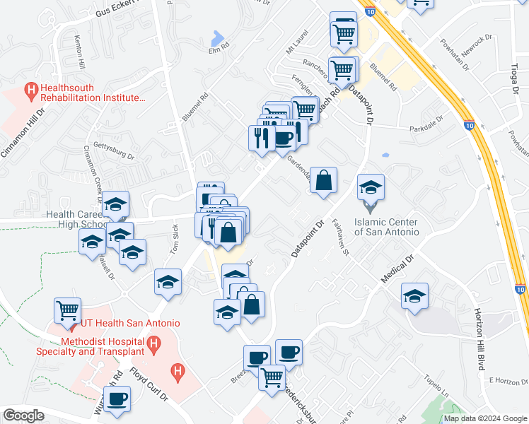 map of restaurants, bars, coffee shops, grocery stores, and more near 8600 Wurzbach Road in San Antonio