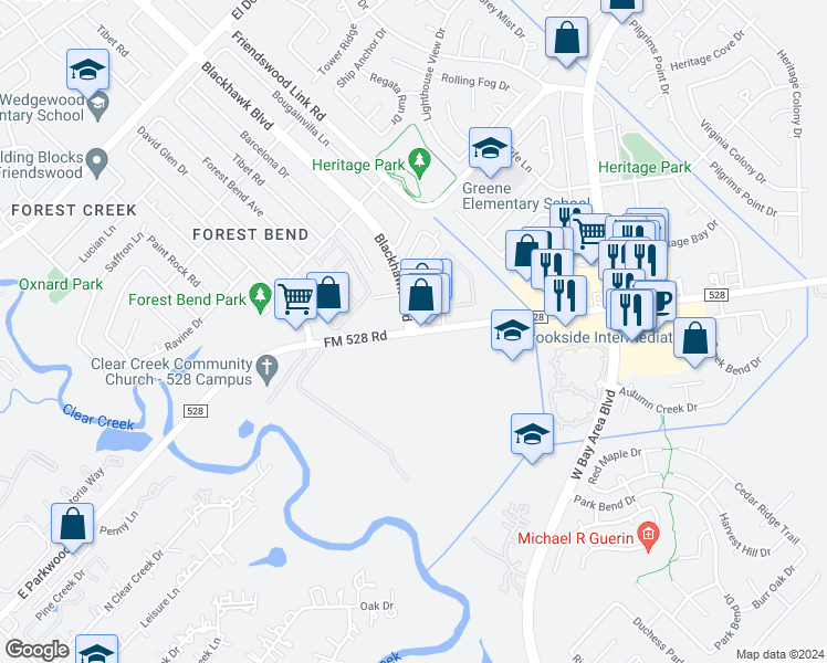 map of restaurants, bars, coffee shops, grocery stores, and more near 17323 Blackhawk Boulevard in Friendswood