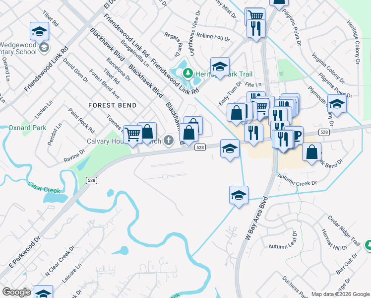 map of restaurants, bars, coffee shops, grocery stores, and more near 17333 Blackhawk Boulevard in Friendswood