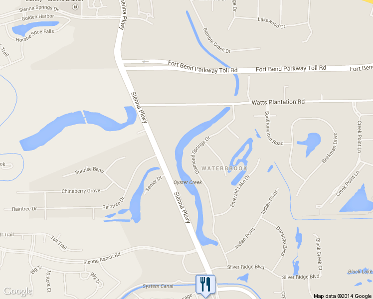 map of restaurants, bars, coffee shops, grocery stores, and more near 4911 Diamond Springs Drive in Missouri City