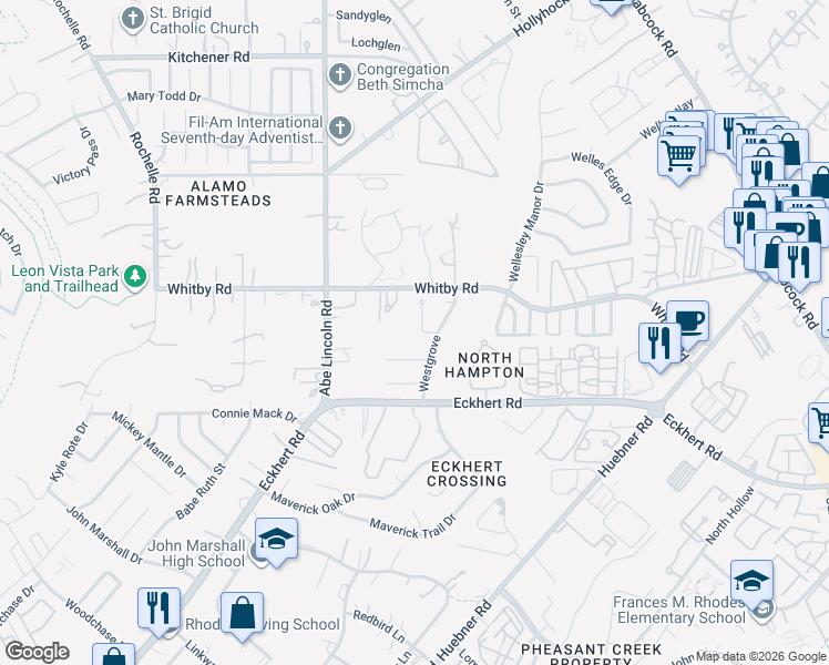 map of restaurants, bars, coffee shops, grocery stores, and more near 8603 Berrywest Court in San Antonio