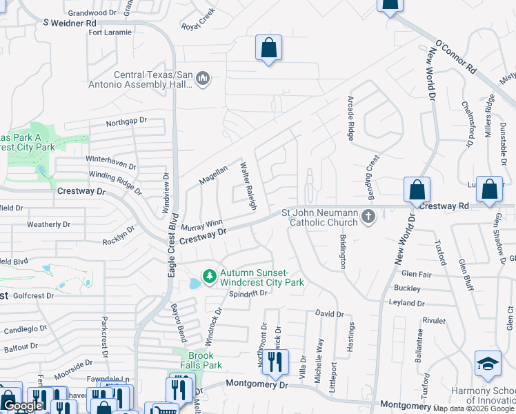 map of restaurants, bars, coffee shops, grocery stores, and more near 1903 Walter Raleigh in San Antonio