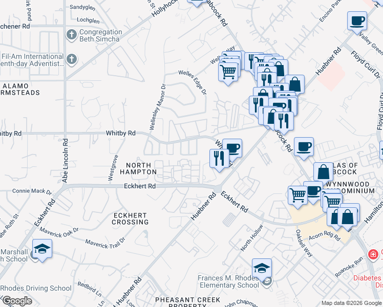 map of restaurants, bars, coffee shops, grocery stores, and more near 8502 Pecan Cross in San Antonio