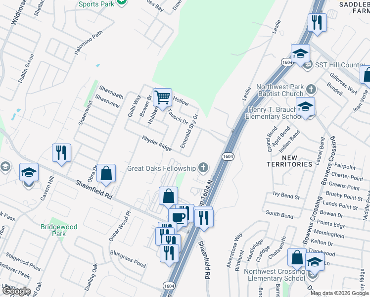 map of restaurants, bars, coffee shops, grocery stores, and more near 8606 Emerald Sky Drive in San Antonio