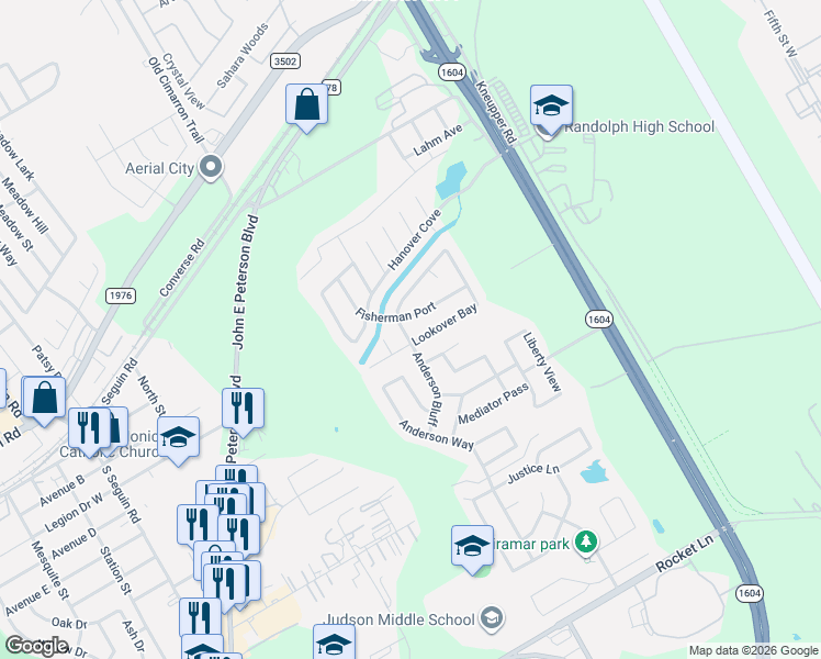 map of restaurants, bars, coffee shops, grocery stores, and more near 9306 Hanover Sky in Converse