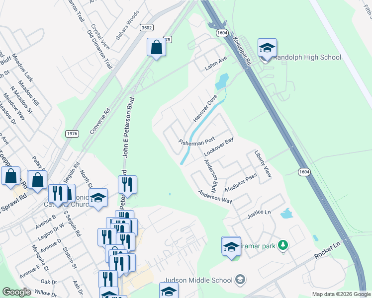 map of restaurants, bars, coffee shops, grocery stores, and more near 9226 Hanover Cove in Converse