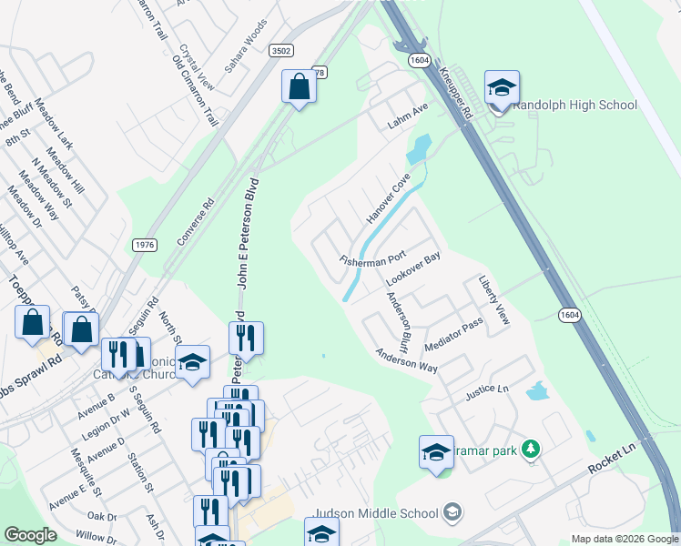 map of restaurants, bars, coffee shops, grocery stores, and more near 9423 Boatman Pier in Converse