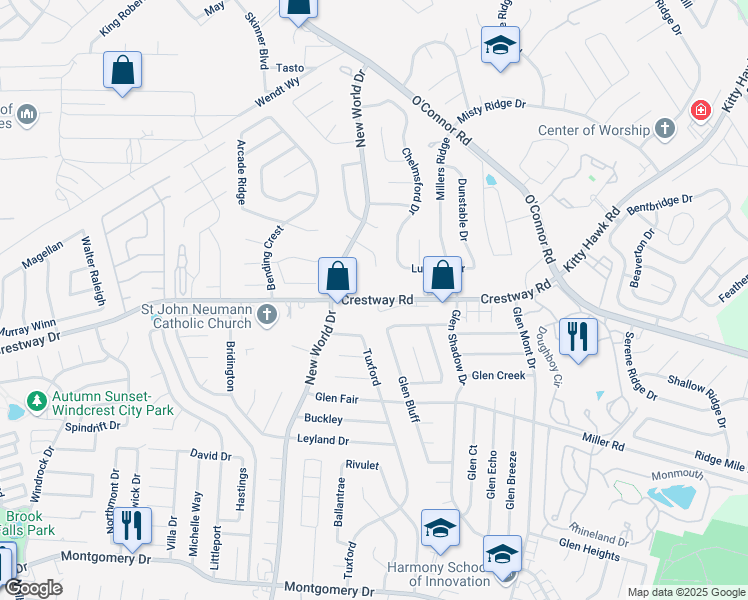 map of restaurants, bars, coffee shops, grocery stores, and more near 6925 Crestway Road in San Antonio