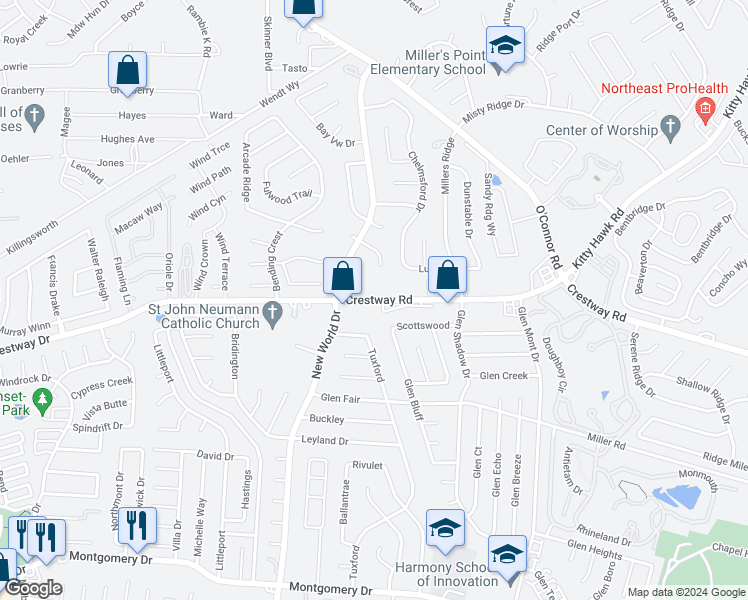 map of restaurants, bars, coffee shops, grocery stores, and more near 6840 Crestway Road in San Antonio