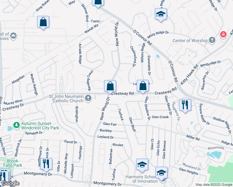 map of restaurants, bars, coffee shops, grocery stores, and more near 6840 Crestway Road in San Antonio