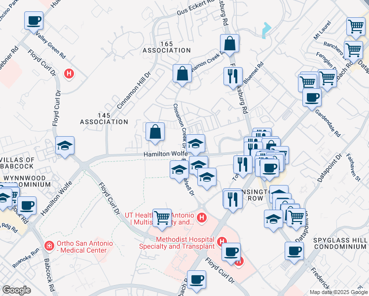 map of restaurants, bars, coffee shops, grocery stores, and more near 8601 Cinnamon Creek Drive in San Antonio