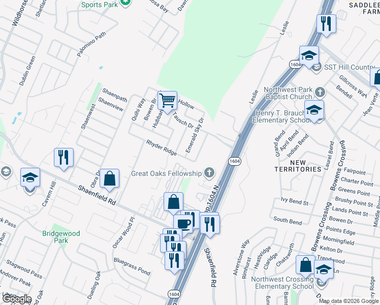 map of restaurants, bars, coffee shops, grocery stores, and more near 8606 Emerald Sky Drive in San Antonio