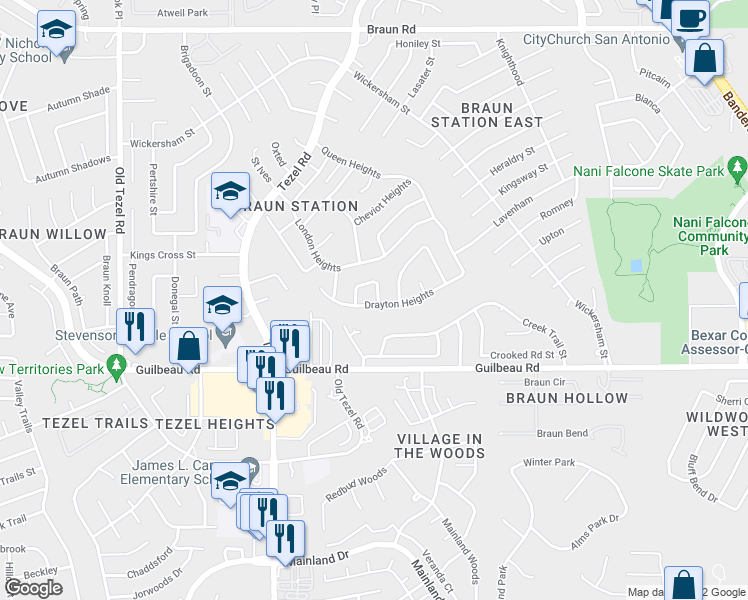 map of restaurants, bars, coffee shops, grocery stores, and more near 8821 Drayton Heights in San Antonio