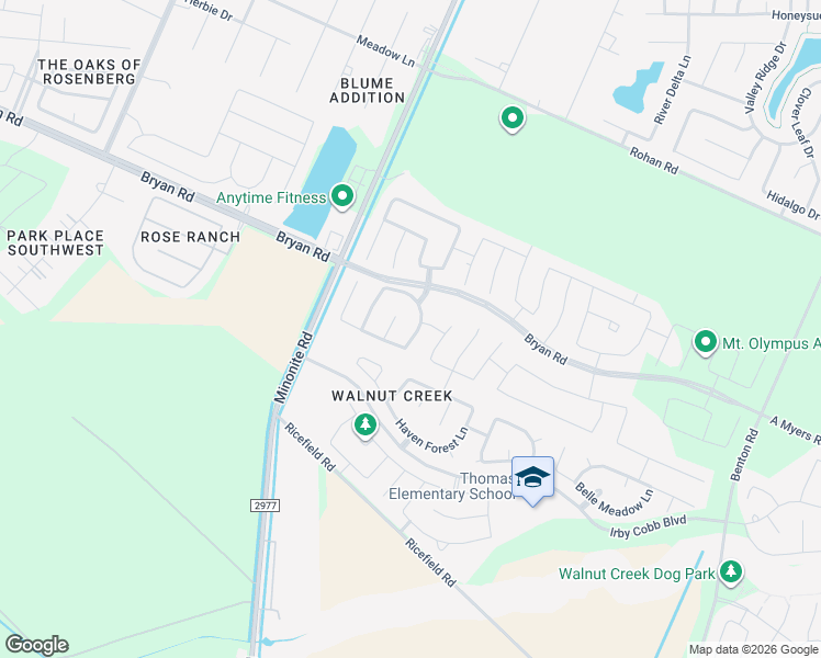 map of restaurants, bars, coffee shops, grocery stores, and more near 1814 Bryson Heights Drive in Rosenberg