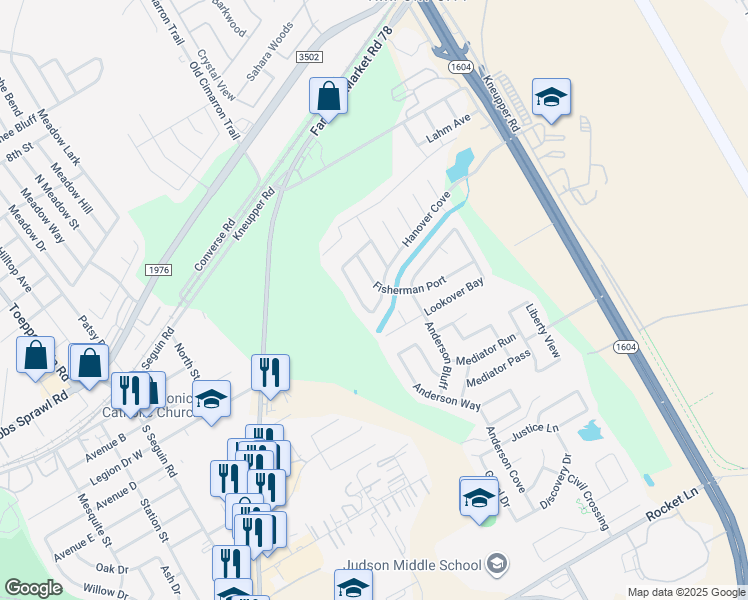 map of restaurants, bars, coffee shops, grocery stores, and more near 9423 Boatman Pier in Converse