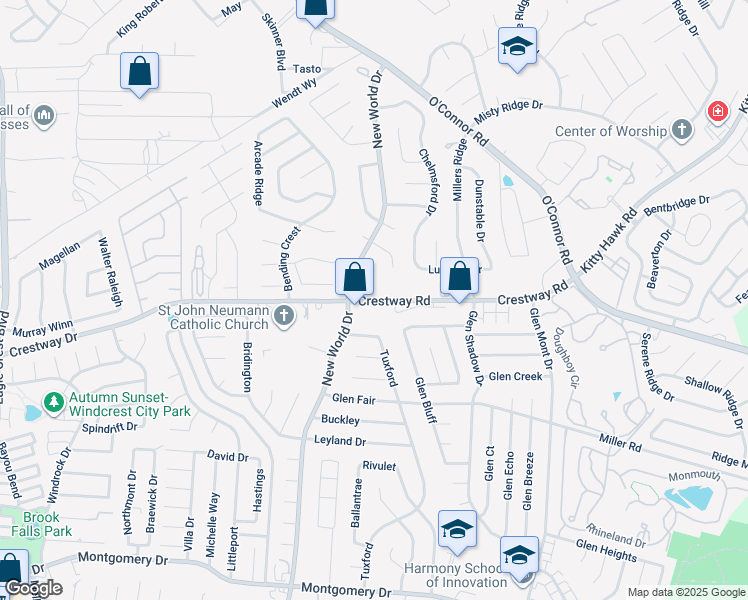 map of restaurants, bars, coffee shops, grocery stores, and more near 6840 Crestway Road in San Antonio
