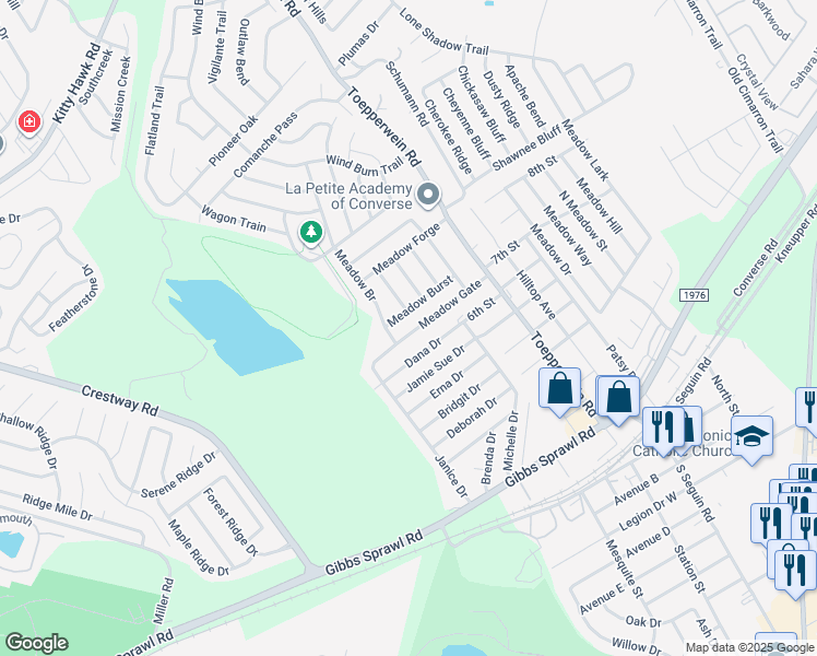 map of restaurants, bars, coffee shops, grocery stores, and more near 720 Meadow Gate in Converse
