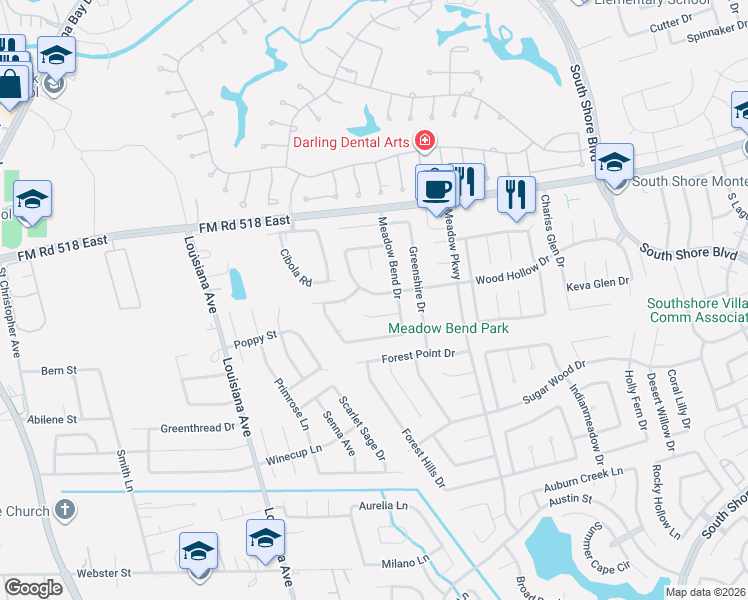 map of restaurants, bars, coffee shops, grocery stores, and more near 2786 Spring Moss Drive in League City