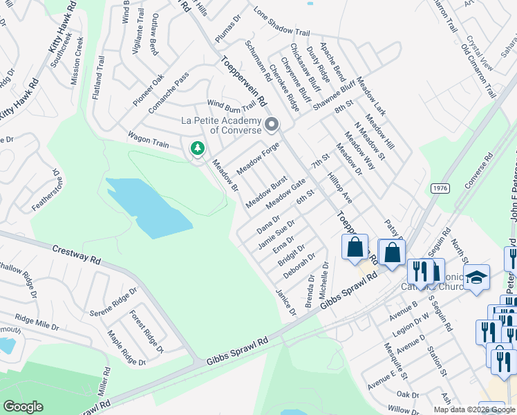 map of restaurants, bars, coffee shops, grocery stores, and more near 720 Meadow Gate in Converse