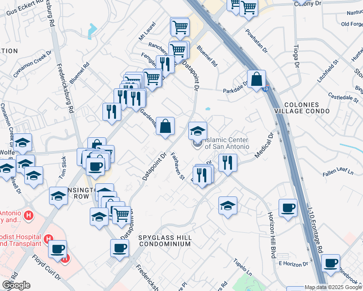 map of restaurants, bars, coffee shops, grocery stores, and more near 8410 Datapoint Drive in San Antonio