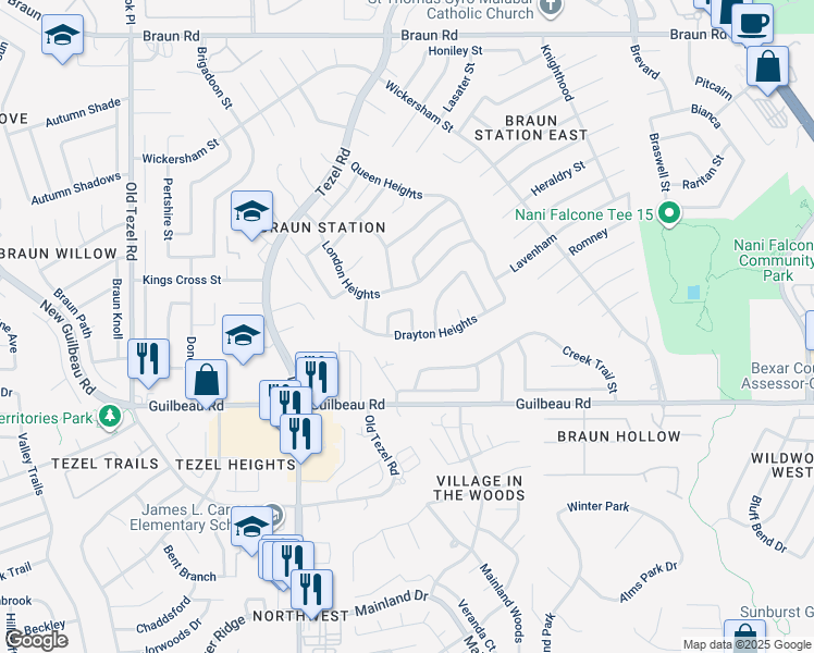 map of restaurants, bars, coffee shops, grocery stores, and more near 8821 Drayton Heights in San Antonio