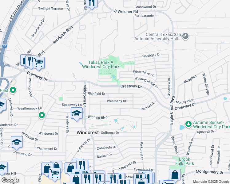 map of restaurants, bars, coffee shops, grocery stores, and more near 641 Richfield Drive in San Antonio
