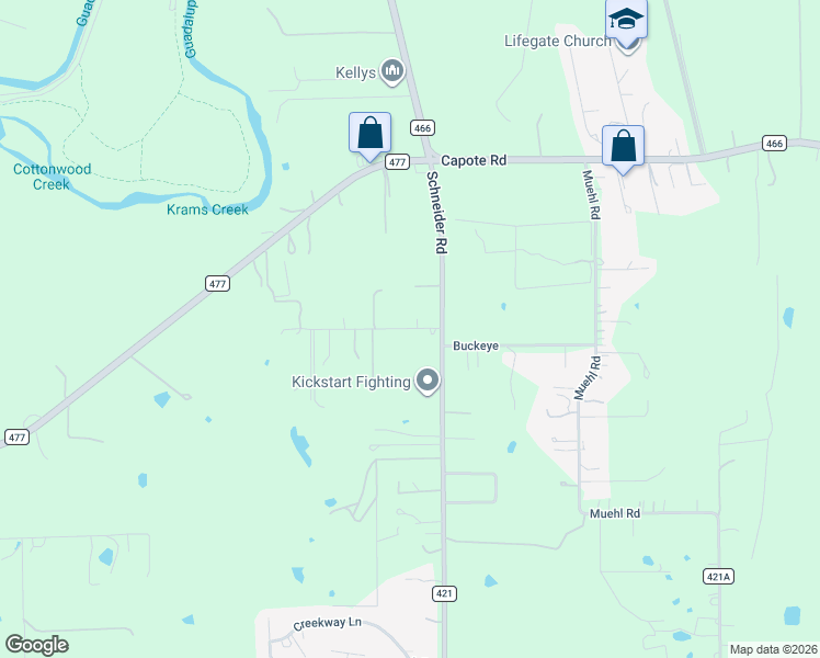 map of restaurants, bars, coffee shops, grocery stores, and more near 160 Krams Creek Road in Seguin