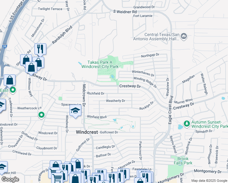 map of restaurants, bars, coffee shops, grocery stores, and more near 641 Richfield Drive in San Antonio