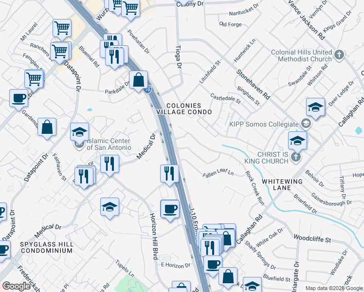 map of restaurants, bars, coffee shops, grocery stores, and more near 3573 Red Oak Lane in San Antonio