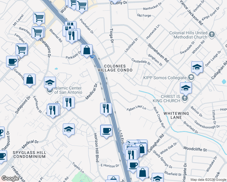 map of restaurants, bars, coffee shops, grocery stores, and more near 3573 Red Oak Lane in San Antonio
