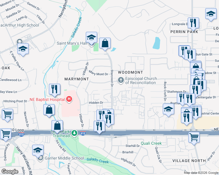 map of restaurants, bars, coffee shops, grocery stores, and more near 3636 Granby Court in San Antonio
