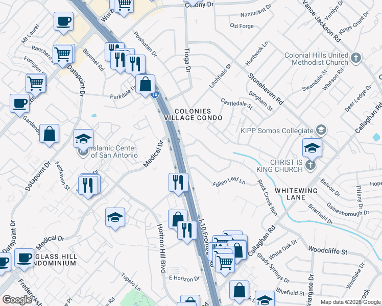 map of restaurants, bars, coffee shops, grocery stores, and more near 3573 Red Oak Lane in San Antonio