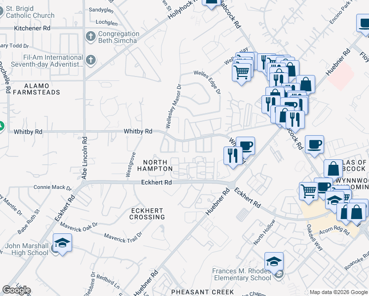 map of restaurants, bars, coffee shops, grocery stores, and more near 6114 South Jolie Court in San Antonio