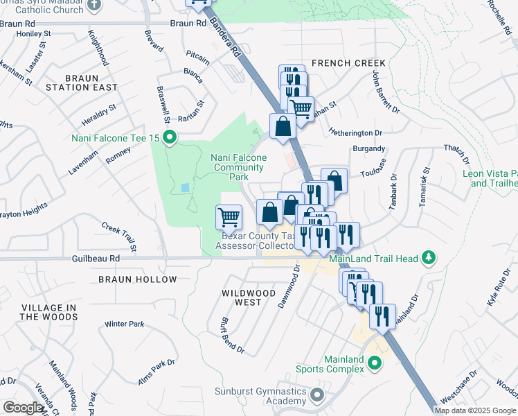 map of restaurants, bars, coffee shops, grocery stores, and more near 3 Moonwalk Crest in San Antonio