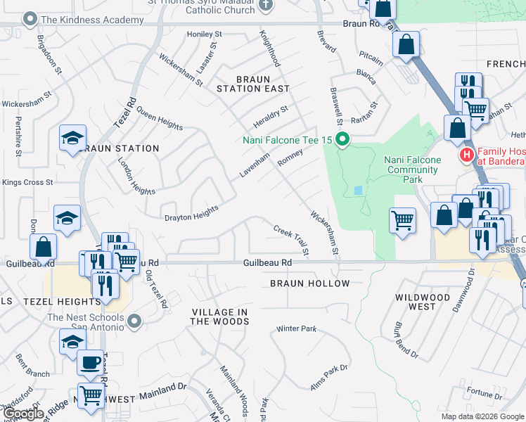 map of restaurants, bars, coffee shops, grocery stores, and more near 7723 Creek Trail Street in San Antonio