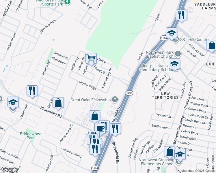 map of restaurants, bars, coffee shops, grocery stores, and more near 8726 Fischer Falls in San Antonio