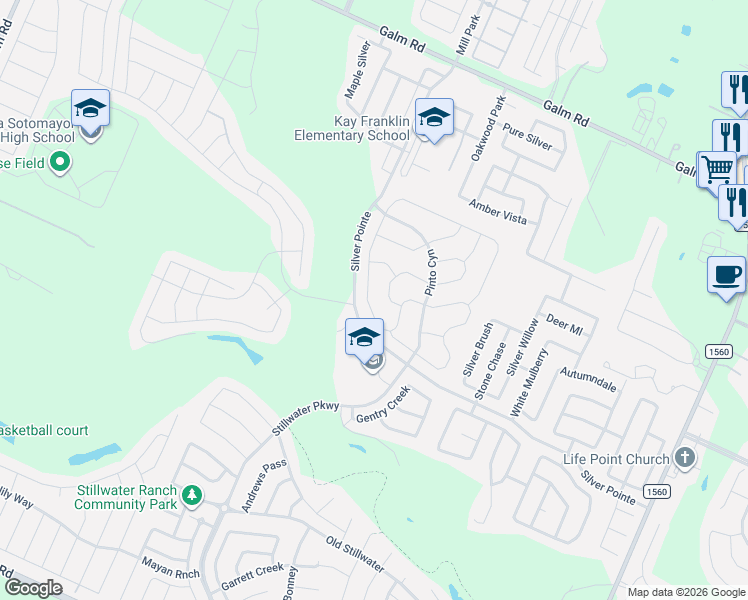 map of restaurants, bars, coffee shops, grocery stores, and more near 8632 Shady Mountain in San Antonio