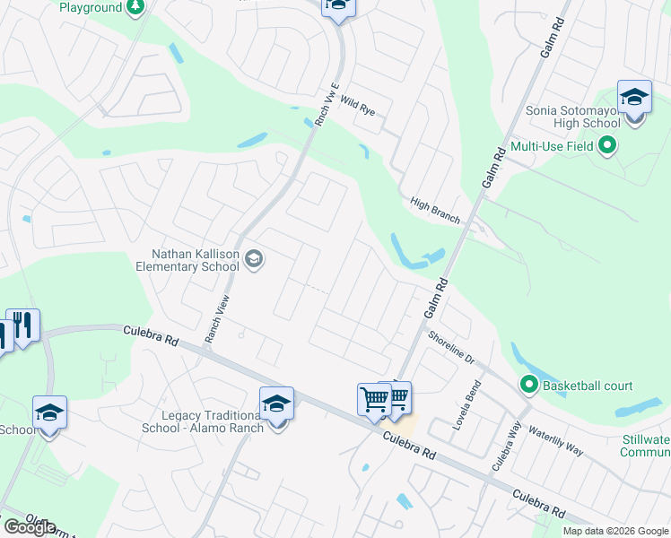 map of restaurants, bars, coffee shops, grocery stores, and more near 8443 Buckhorn Parke in San Antonio