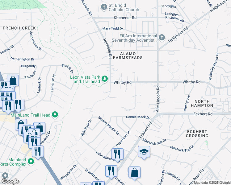 map of restaurants, bars, coffee shops, grocery stores, and more near 8480 Rochelle Road in San Antonio