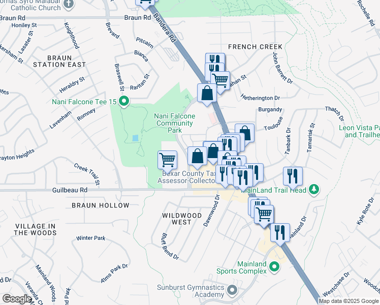 map of restaurants, bars, coffee shops, grocery stores, and more near 3 Moonwalk Crest in San Antonio