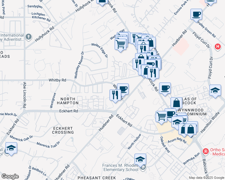 map of restaurants, bars, coffee shops, grocery stores, and more near 5996 Whitby Road in San Antonio